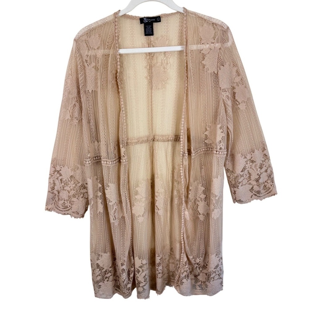 Miss Chievous Womens Nude Tan Floral Lace Open Front Cardigan Kimono L